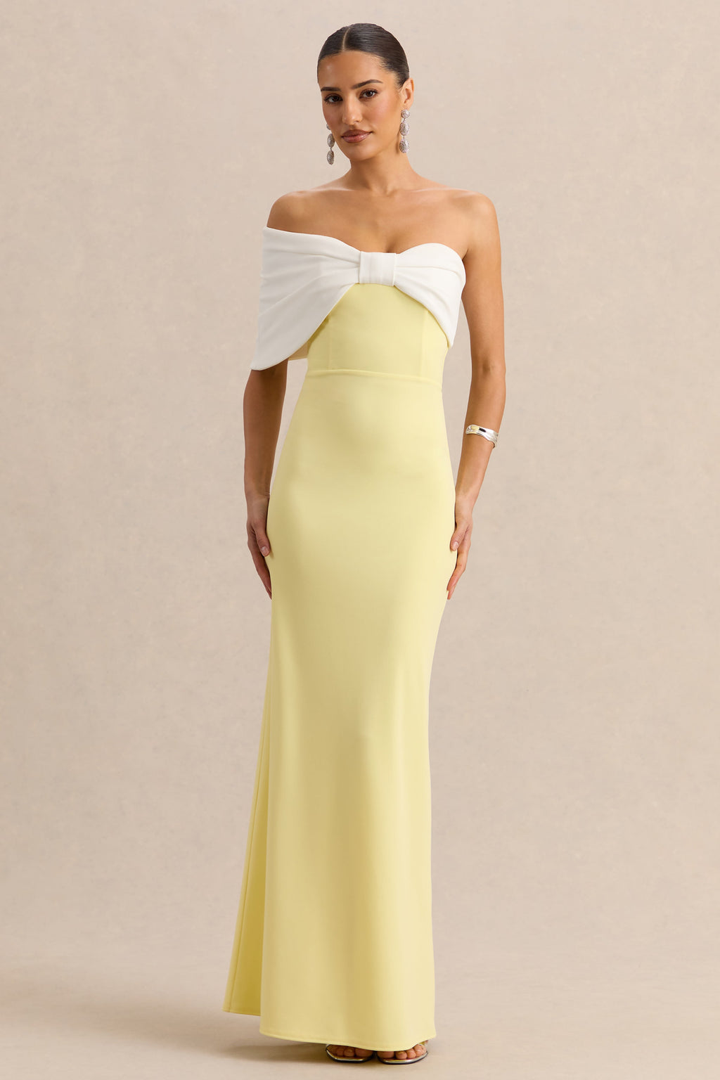 Agatha | Lemon & White Bow Bardot-Neck Maxi Dress